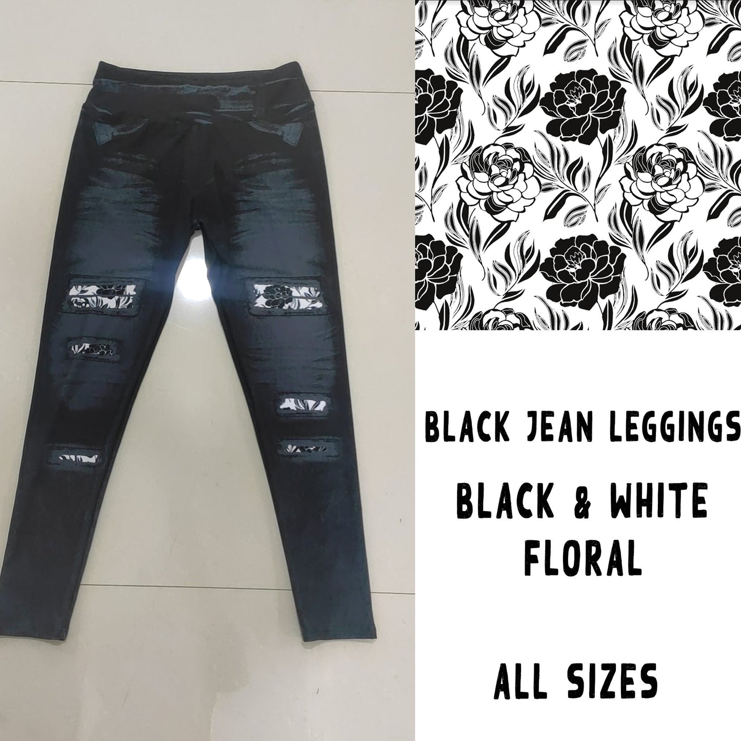 LEGGING JEAN RUN-BLACK WHITE FLORAL (ACTIVE BACK POCKETS)