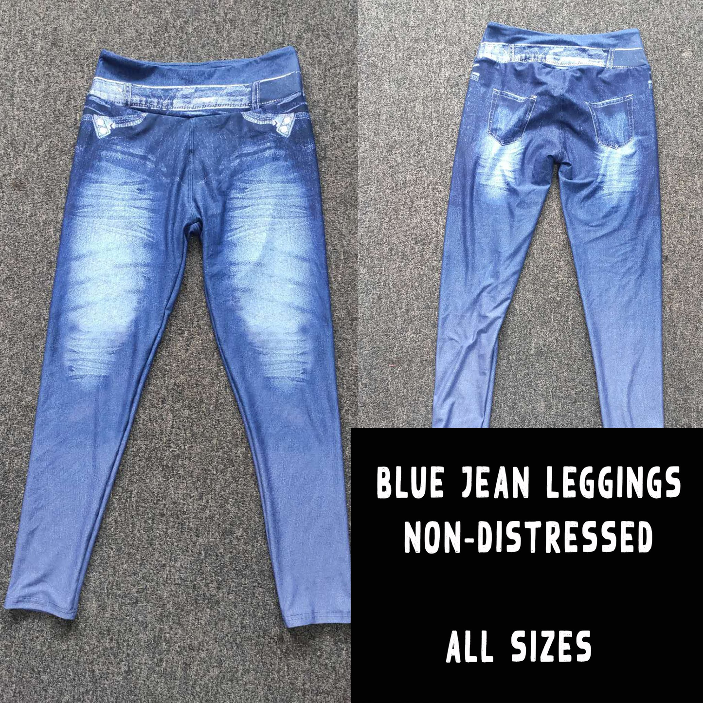 NON DISTRESSED BLUE AND BLACK - DENIM RUN W/ BACK POCKETS - LEGGINGS/CAPRI