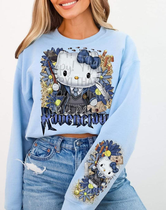 BLUE HOUSE KITTY- CREWNECK SWEATSHIRT  W/ SLEEVE PRINT