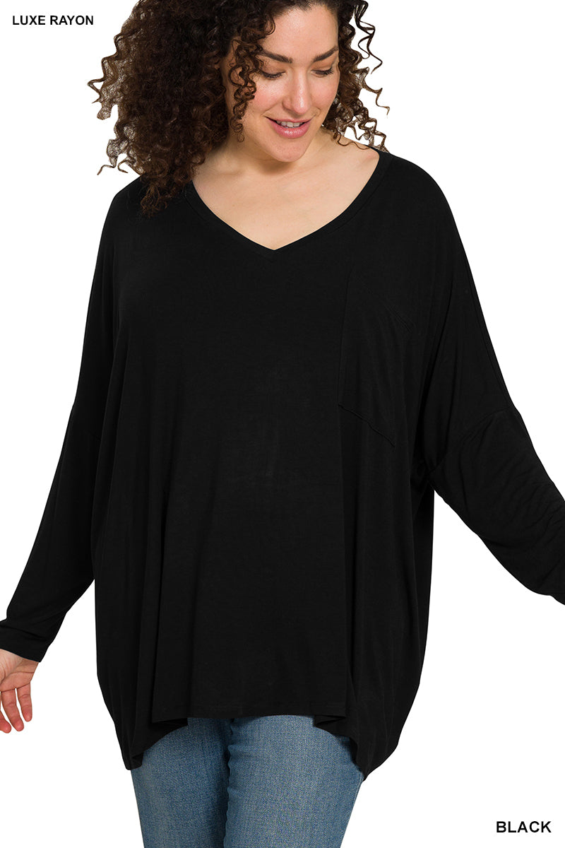 PLUS Lux V Neck Long Sleeve Pocket Top - Black