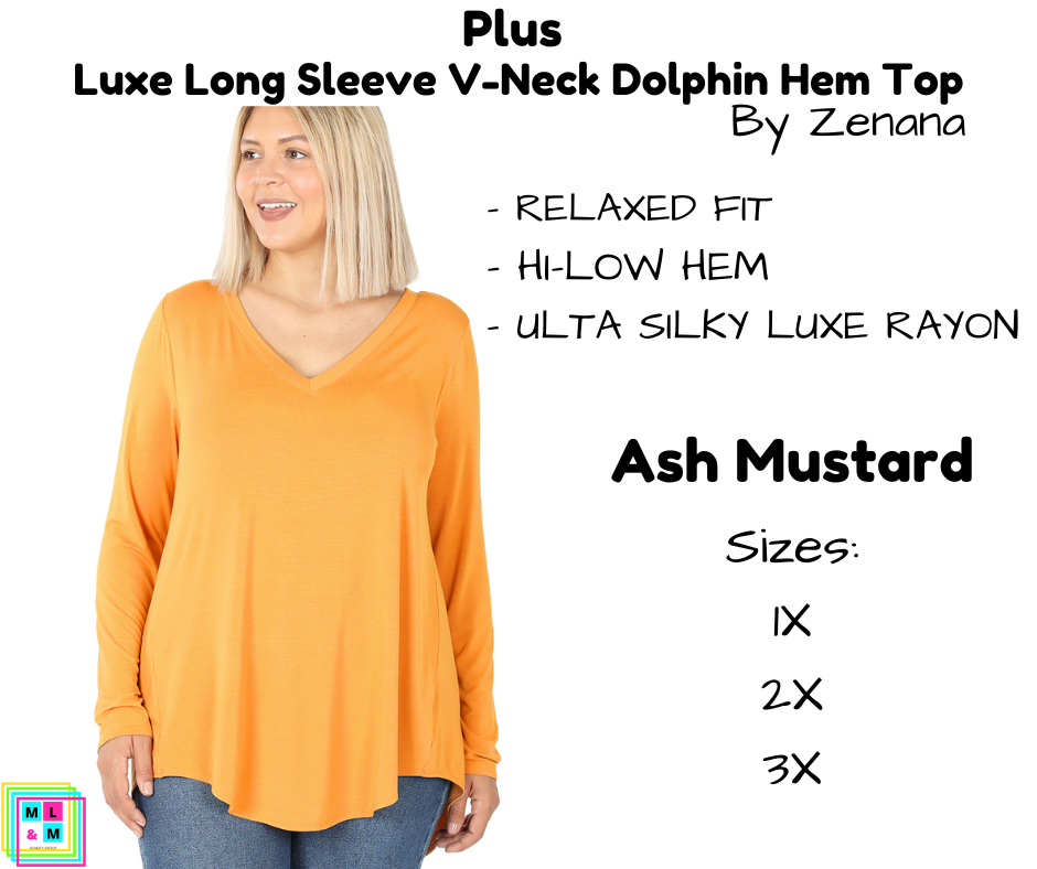 PLUS Luxe Long Sleeve V-Neck Dolphin Hem Top - Ash Mustard