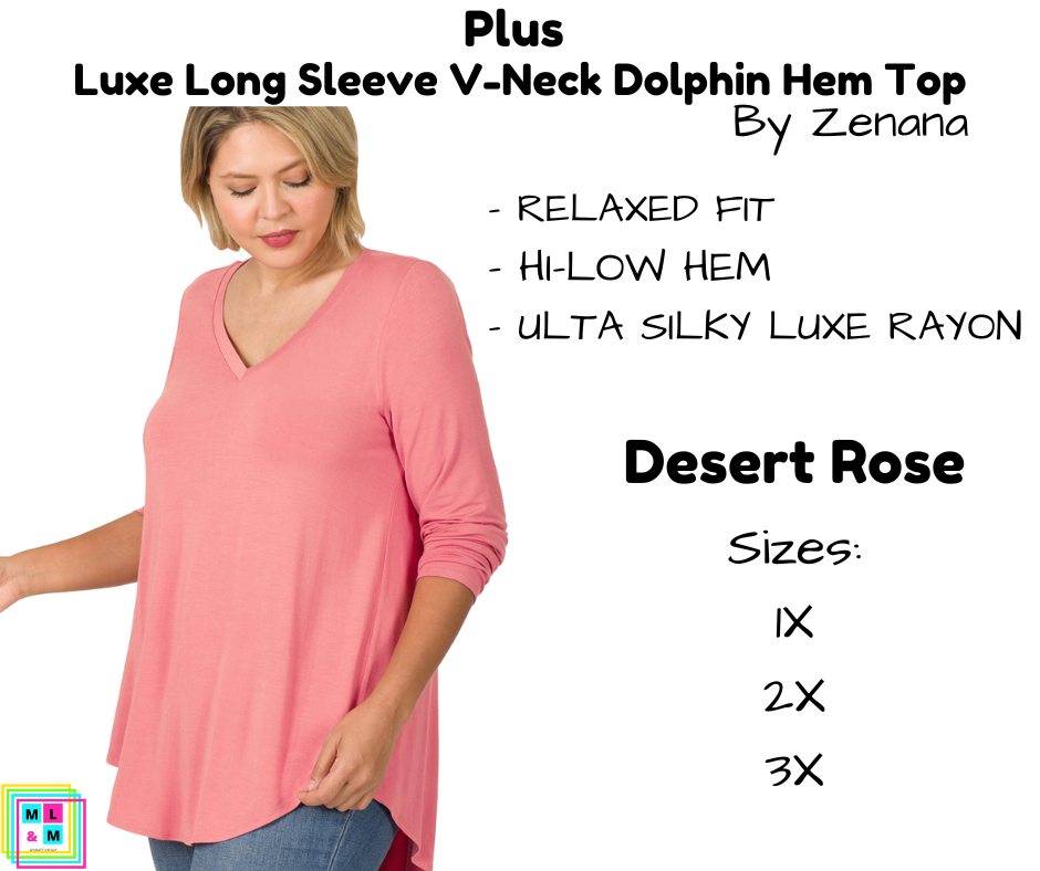 PLUS Luxe Long Sleeve V-Neck Dolphin Hem Top - Desert Rose