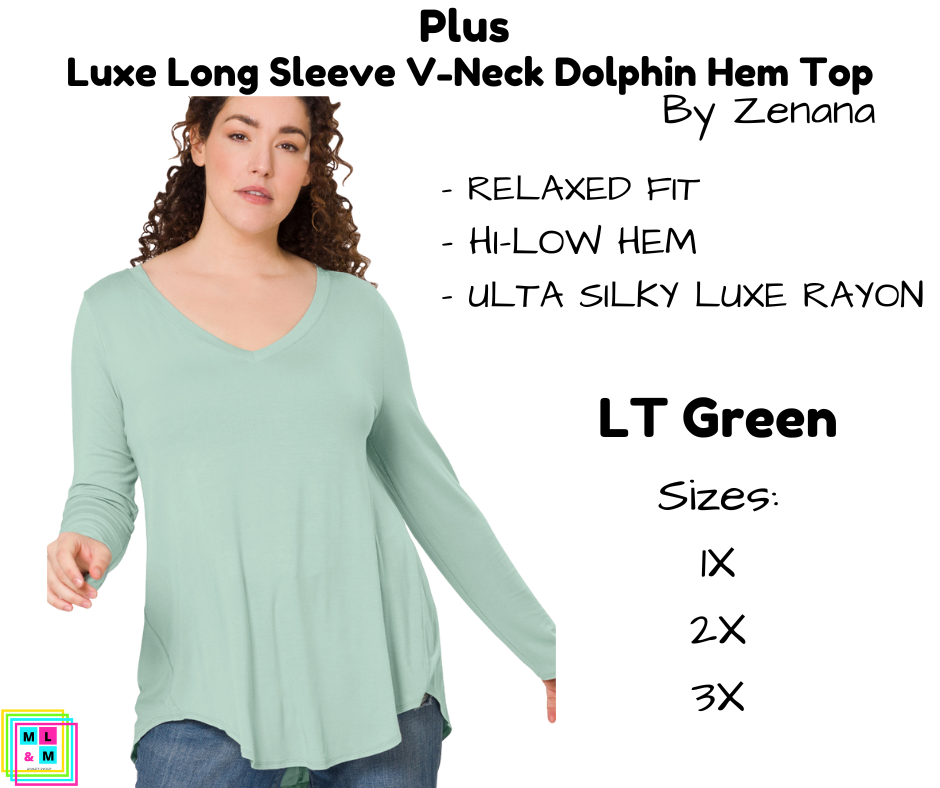 PLUS Luxe Long Sleeve V-Neck Dolphin Hem Top - LT Green