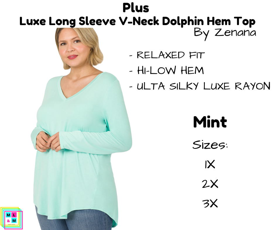 PLUS Luxe Long Sleeve V-Neck Dolphin Hem Top - Mint