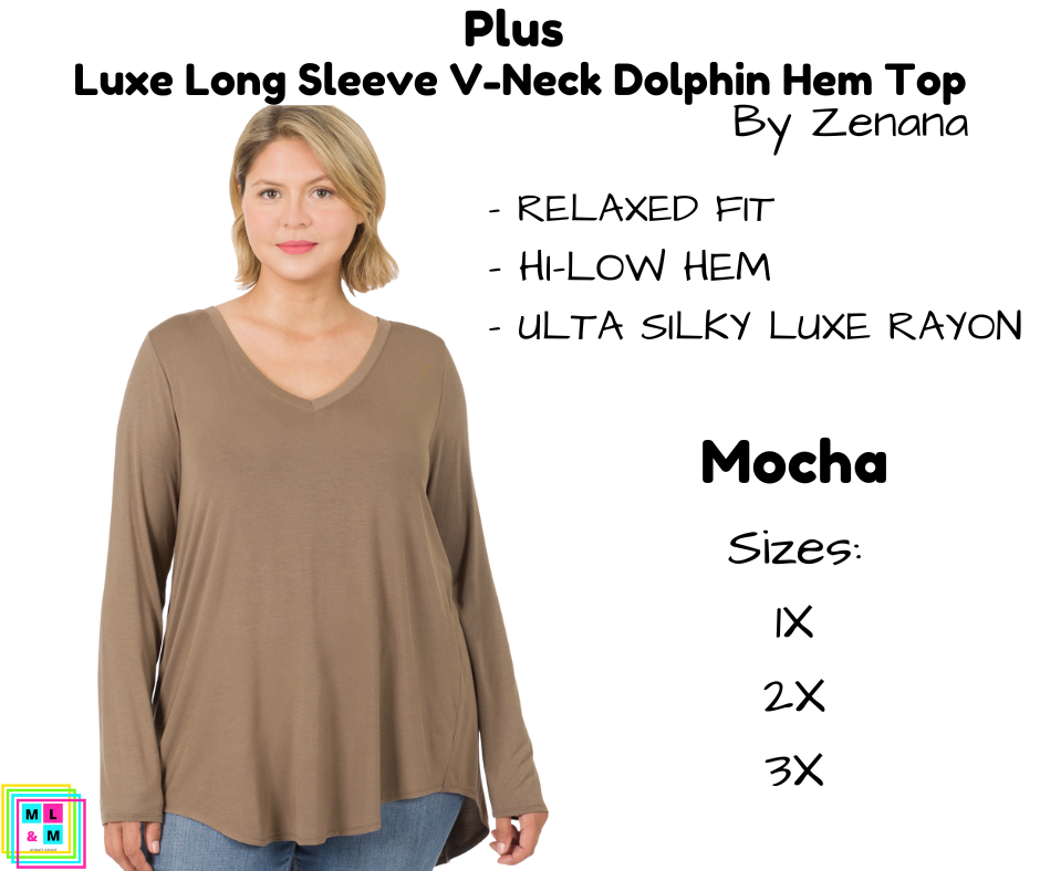 PLUS Luxe Long Sleeve V-Neck Dolphin Hem Top - Mocha