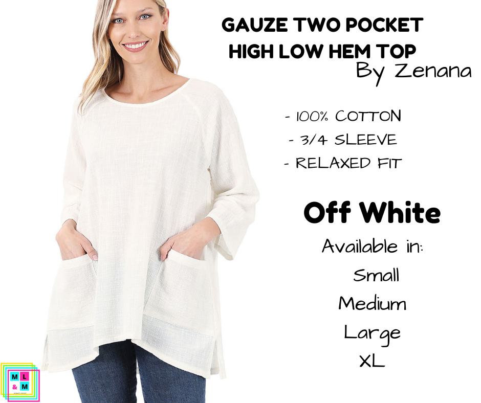 Gauze Two Pocket High Low Hem Top - Off White