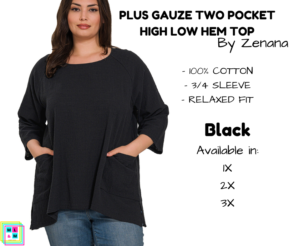 PLUS Gauze Two Pocket High Low Hem Top - Black