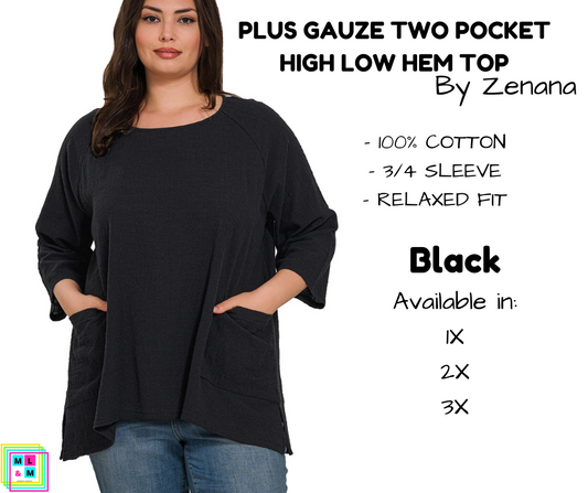 PLUS Gauze Two Pocket High Low Hem Top - Black