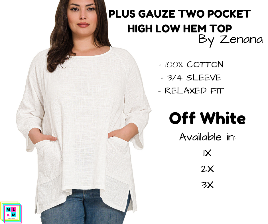 PLUS Gauze Two Pocket High Low Hem Top - Off White