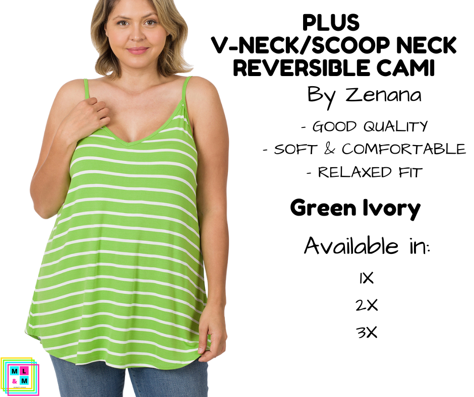 PLUS V-Neck/Scoop Neck Reversible Cami - Green/Ivory