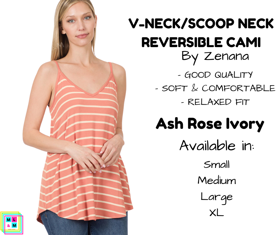 V-Neck/Scoop Neck Reversible Cami - Ash Rose/Ivory