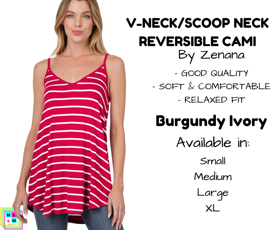 V-Neck/Scoop Neck Reversible Cami - Burgundy/Ivory