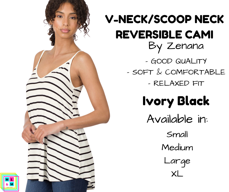 V-Neck/Scoop Neck Reversible Cami - Ivory/Black