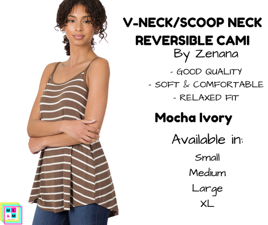 V-Neck/Scoop Neck Reversible Cami - Mocha/Ivory