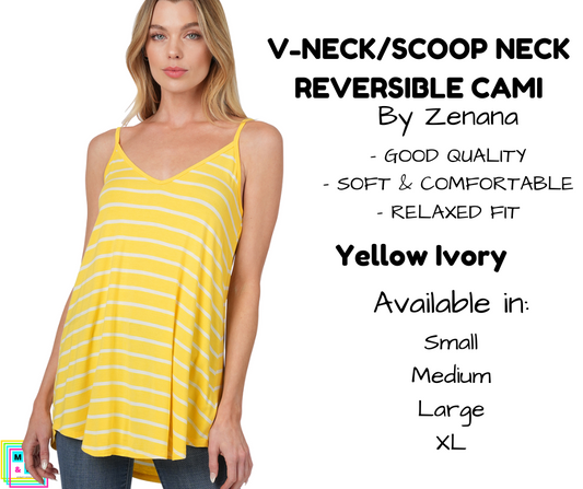 V-Neck/Scoop Neck Reversible Cami - Striped Yellow/Ivory