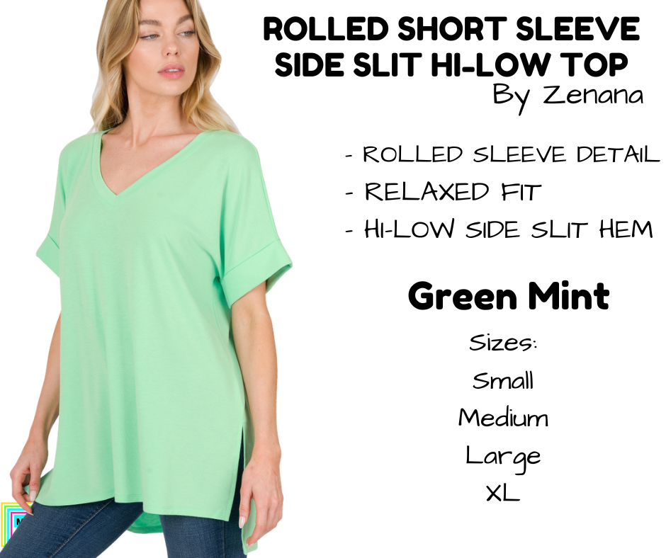 Rolled Short Sleeve Side Slit Hi-Low Top - Green Mint