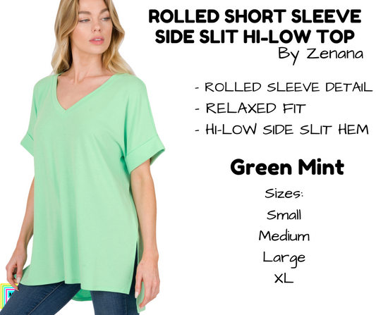 Rolled Short Sleeve Side Slit Hi-Low Top - Green Mint