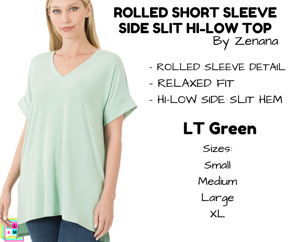 Rolled Short Sleeve Side Slit Hi-Low Top - LT Green