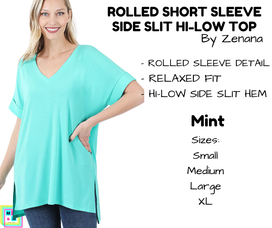 Rolled Short Sleeve Side Slit Hi-Low Top - Mint