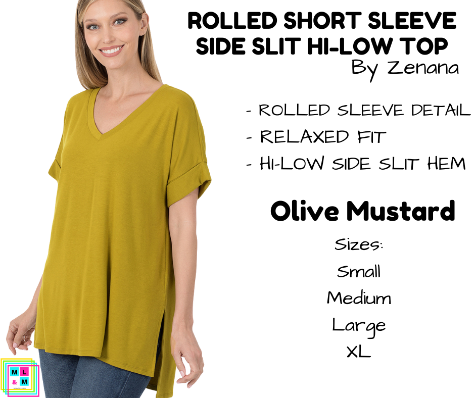 Rolled Short Sleeve Side Slit Hi-Low Top - Olive Mustard