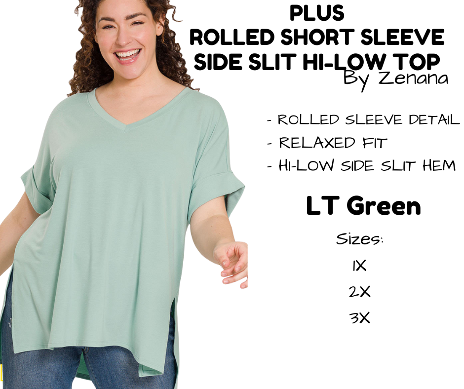 PLUS Rolled Short Sleeve Side Slit Hi-Low Top - LT Green