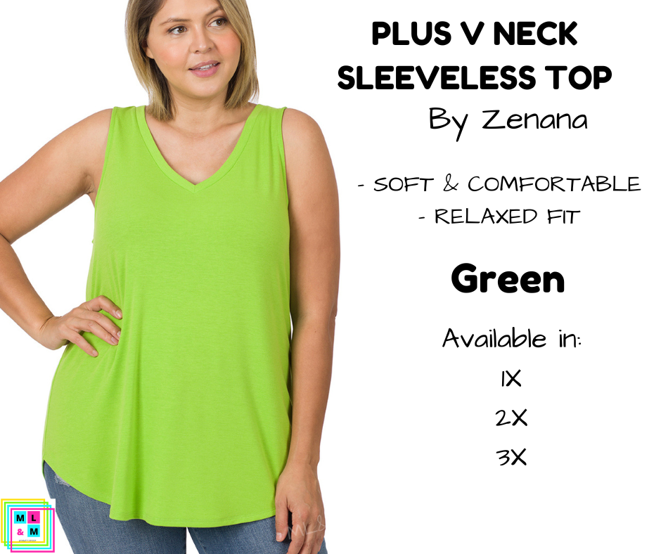 PLUS V Neck Sleeveless Top - Green