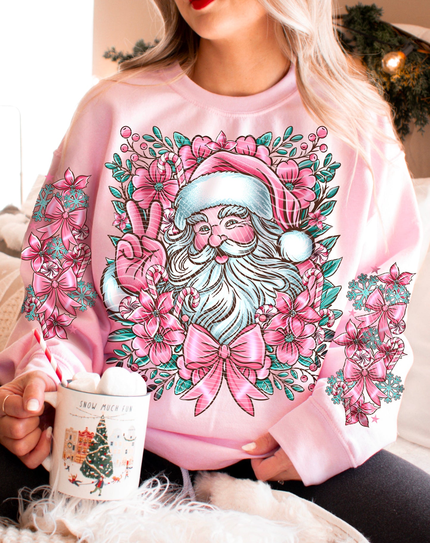 PINK SANTA SWEATSHIRT W/ SLEEVE PRINT