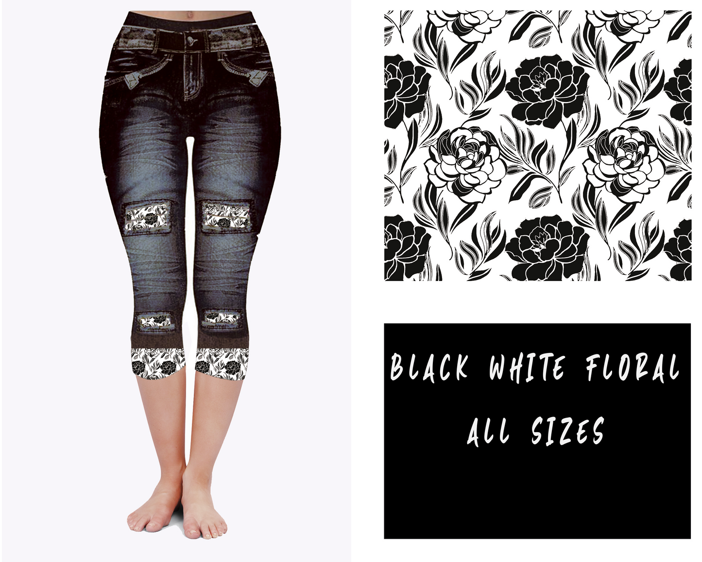 LEGGING JEAN RUN-BLACK WHITE FLORAL (ACTIVE BACK POCKETS)