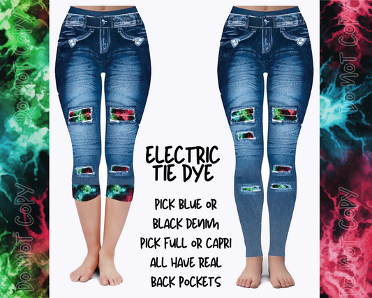 ELECTRIC TIE DYE - DENIM RUN W/ BACK POCKETS - LEGGINGS/CAPRI