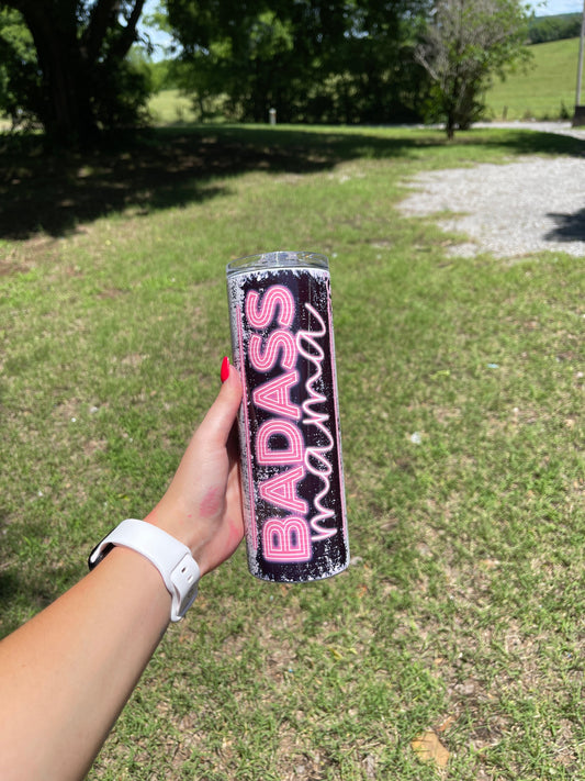 Badass mama pink distressed tumbler