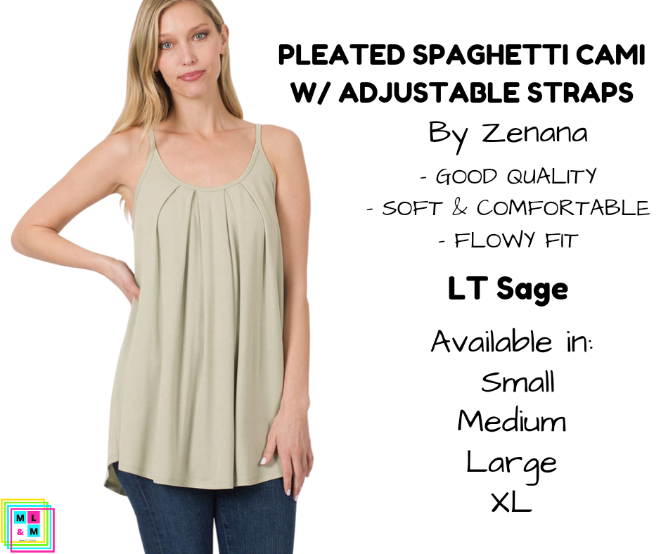 Pleated Spaghetti Strap Cami - LT Sage